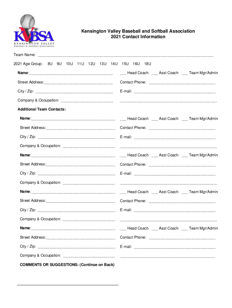 Fillable Online Kensington Valley Baseball and Softball Association