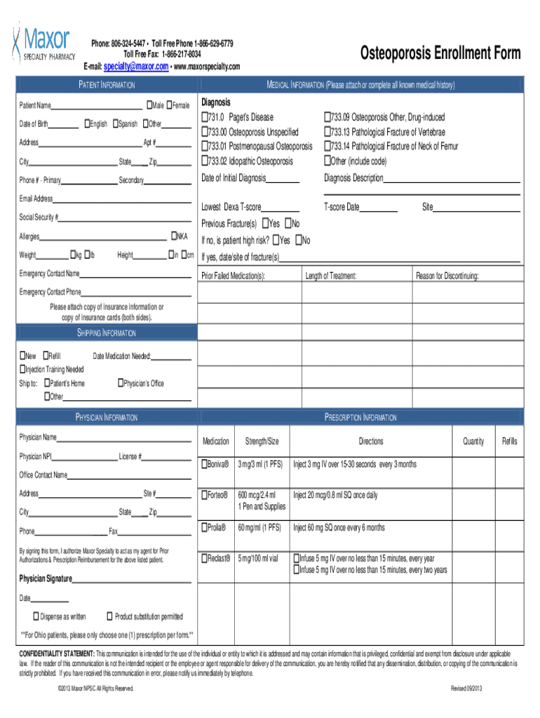 Fillable Online Toll Free Fax 18662178034 Osteoporosis Enrollment