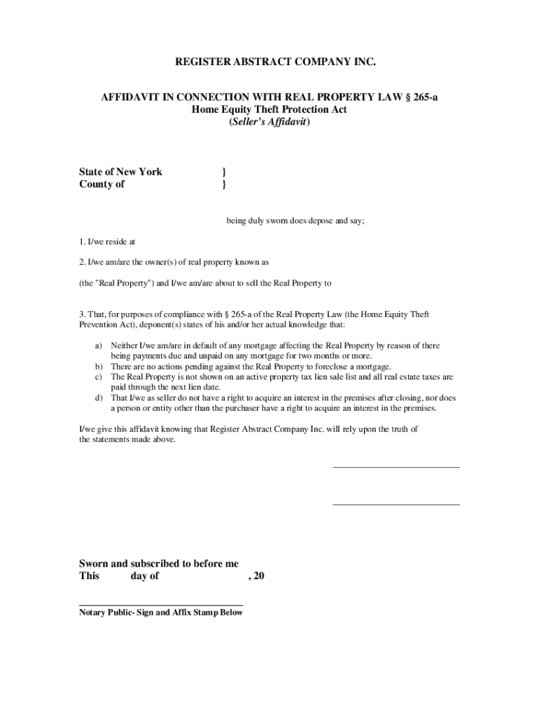 Fillable Online Affidavit In Connection With Real Propoerty Law 265a Home Equity Theft