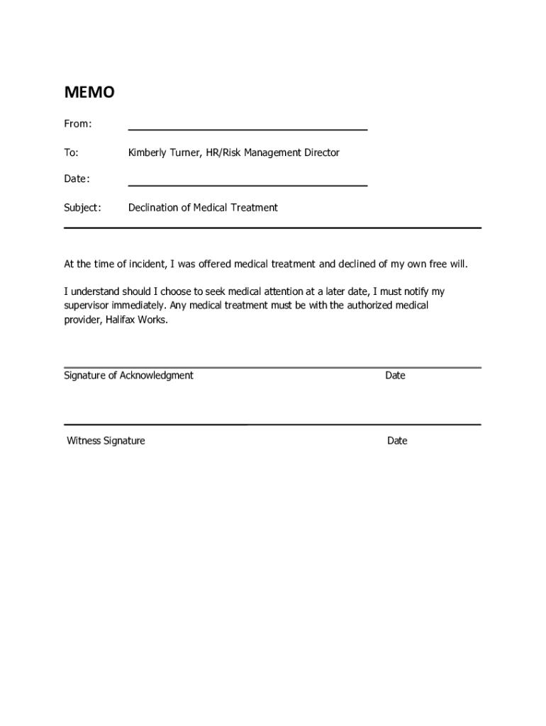 Fillable Online Declination of Medical Treatment Form revised Fax Email