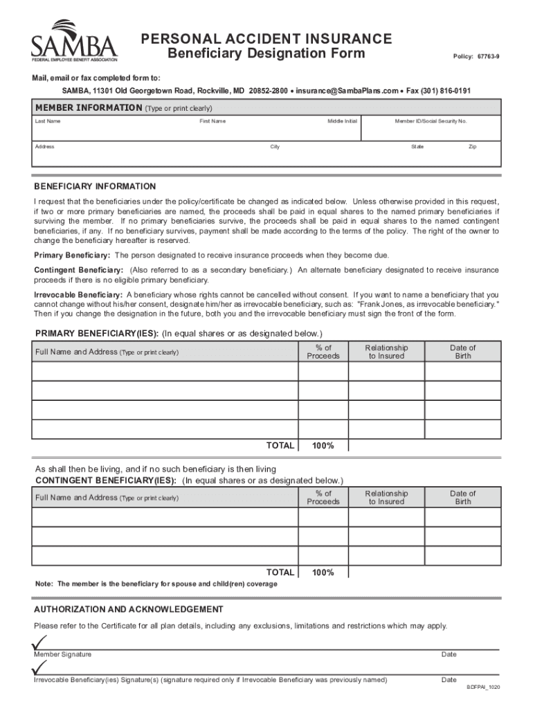 Personal Accident Insurance Beneficiary Form Preview on Page 1