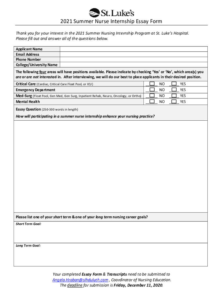 Fillable Online PDF 2021 Summer Nurse Internship Essay Form St. Luke