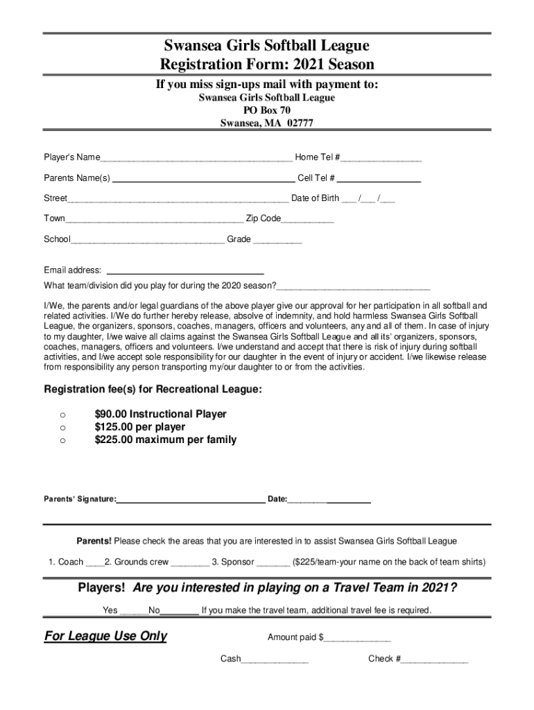 Fillable Online 202 Swansea Girls Softball League Fax Email Print