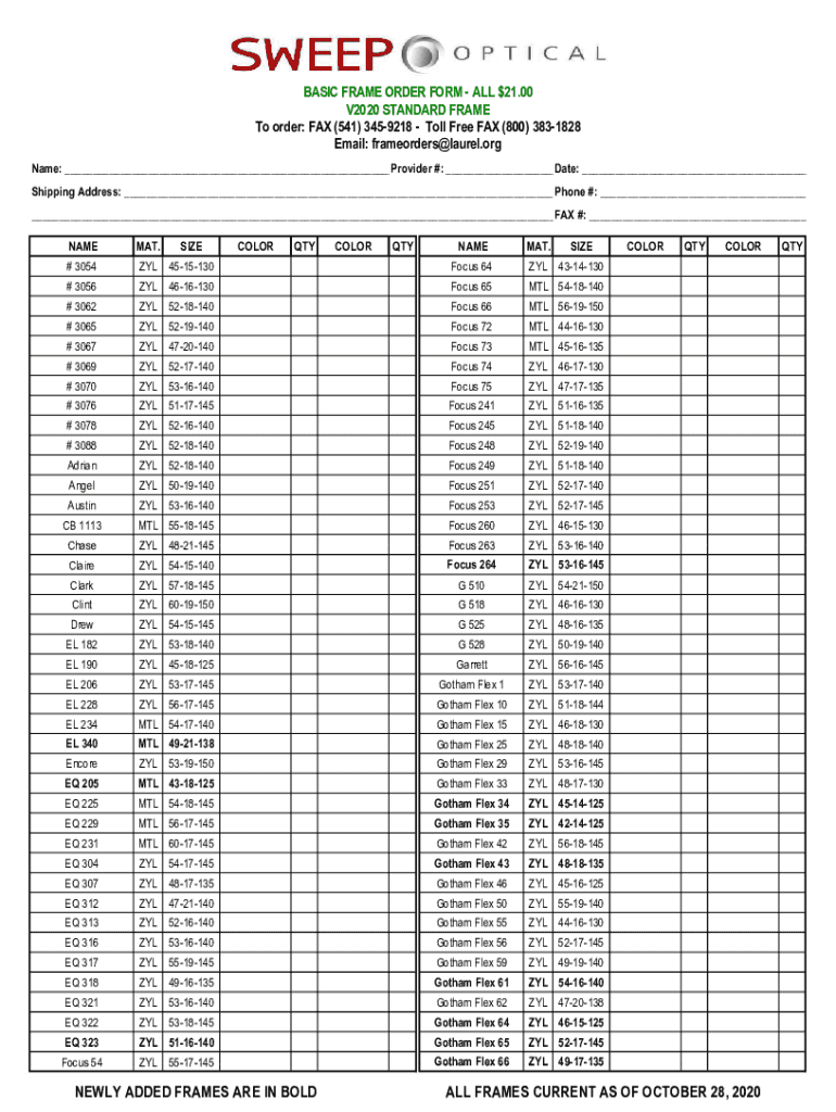 Fillable Online Basic Frame Order Form OCTOBER 2020 UPDATED Fax Email