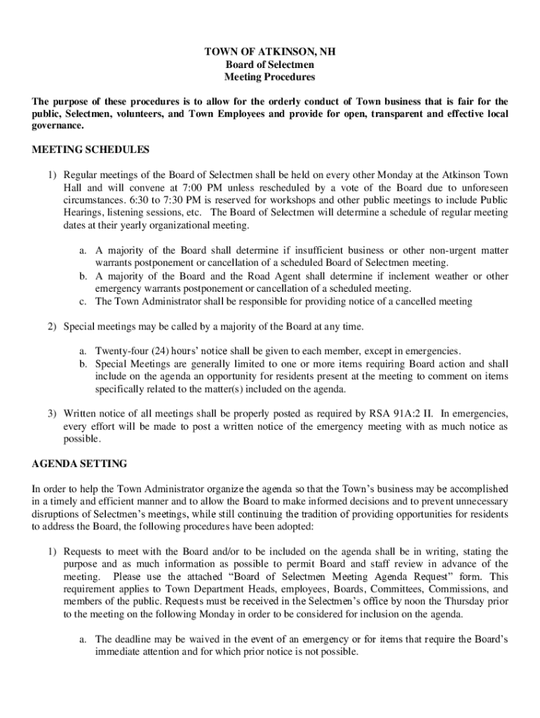 Fillable Online Town of Atkinson NHSelecting the Rules for Boards of