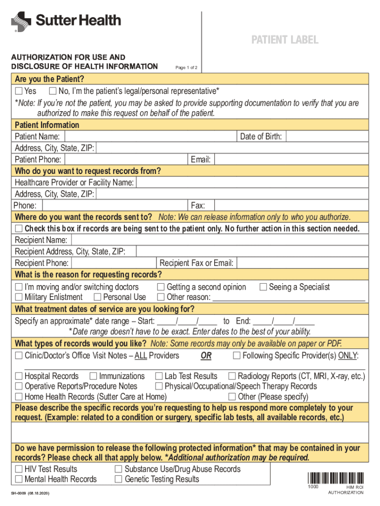 Fillable Online Medical Record Authorization Form Instructions, September 2020. Medical Record