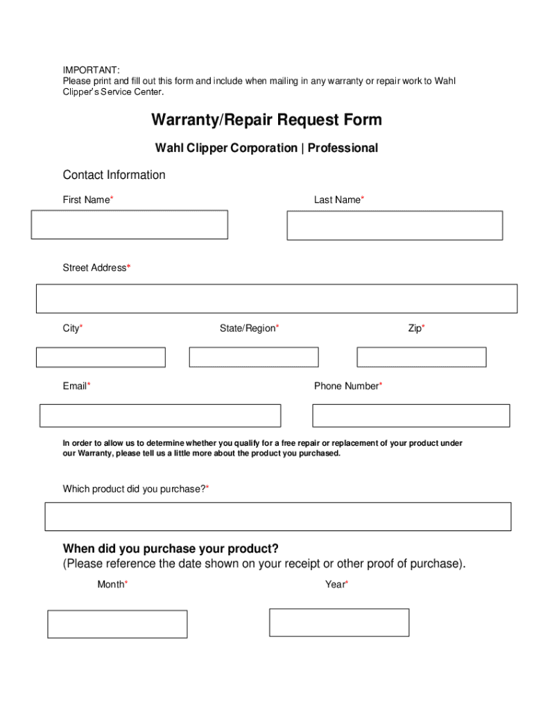 wahl warranty repair form Preview on Page 1