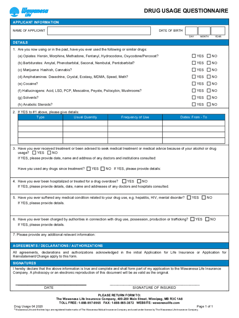 Fillable Online TOBACCO USAGE QUESTIONNAIRE Wawanesa Life Fax Email