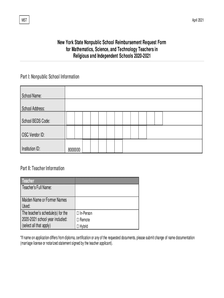 Fillable Online New York State Nonpublic School Reimbursement Request Form for Fax Email