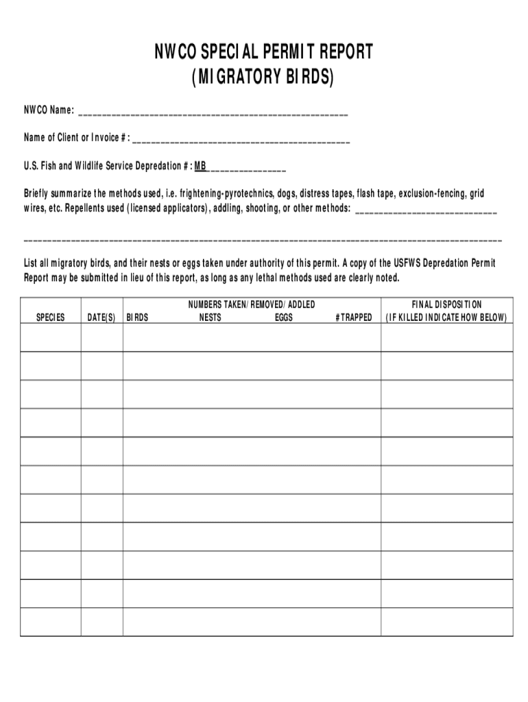 Fillable Online NWCO Migratory Birds Special Permit Report. NWCO Migratory Birds Special Permit