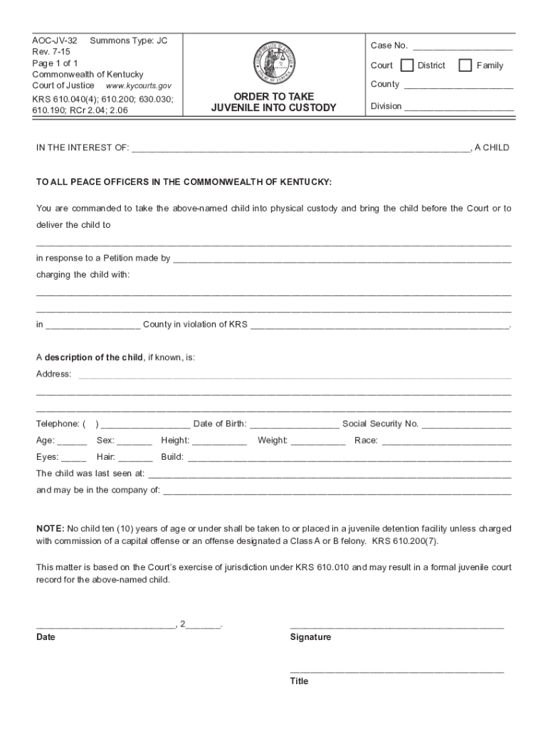 Fillable Online AOCJV32 Summons Type JC Case No. lexet Court kycourts.gov Fax Email Print