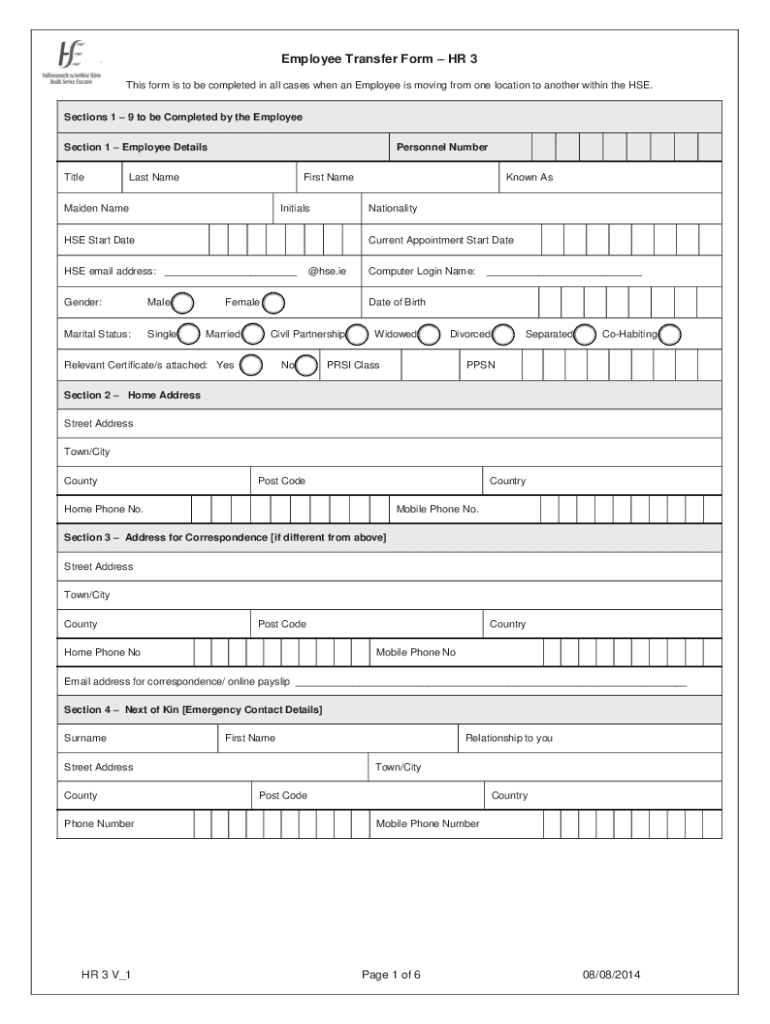 Fillable Online HR 3 employee transfer form. form to be completed when
