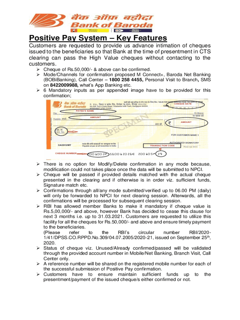 Positive Pay System Key Features - Bank of Baroda Preview on Page 1