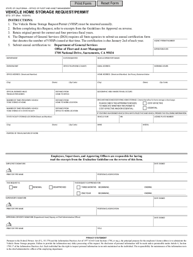 Get the free Vehicle Home Storage Request Permit STD Preview on Page 1