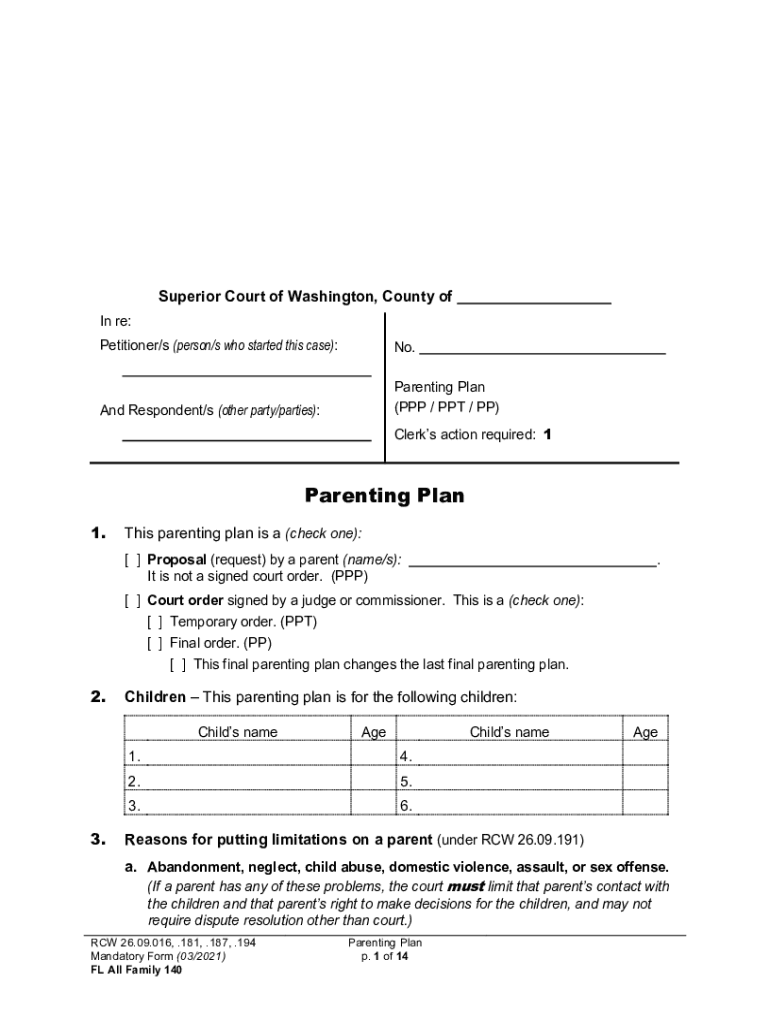 Washington State Proposed Parenting Plan - Fill Online Preview on Page 1