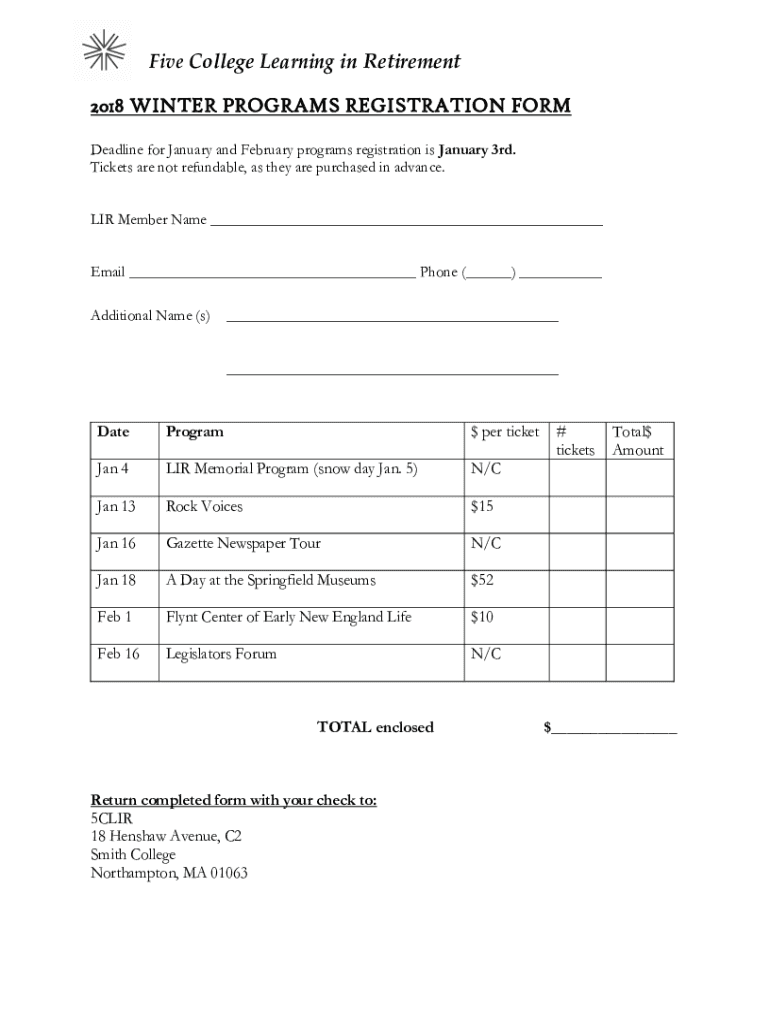 Fillable Online ProgramsFive College Learning in Retirement Fax Email