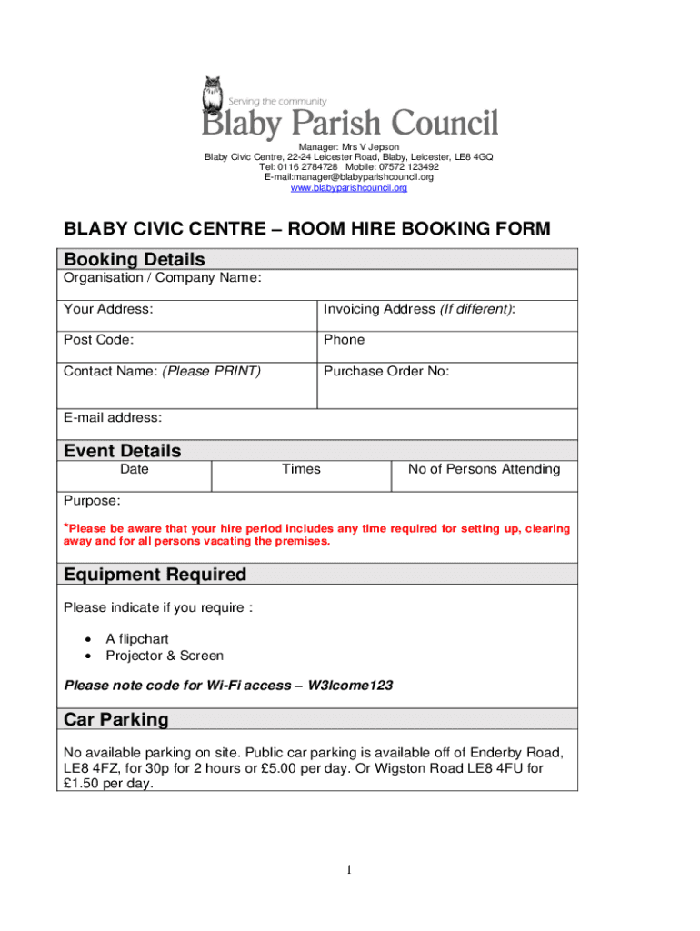 Fillable Online ROOM HIRE BOOKING FORM Fax Email Print pdfFiller