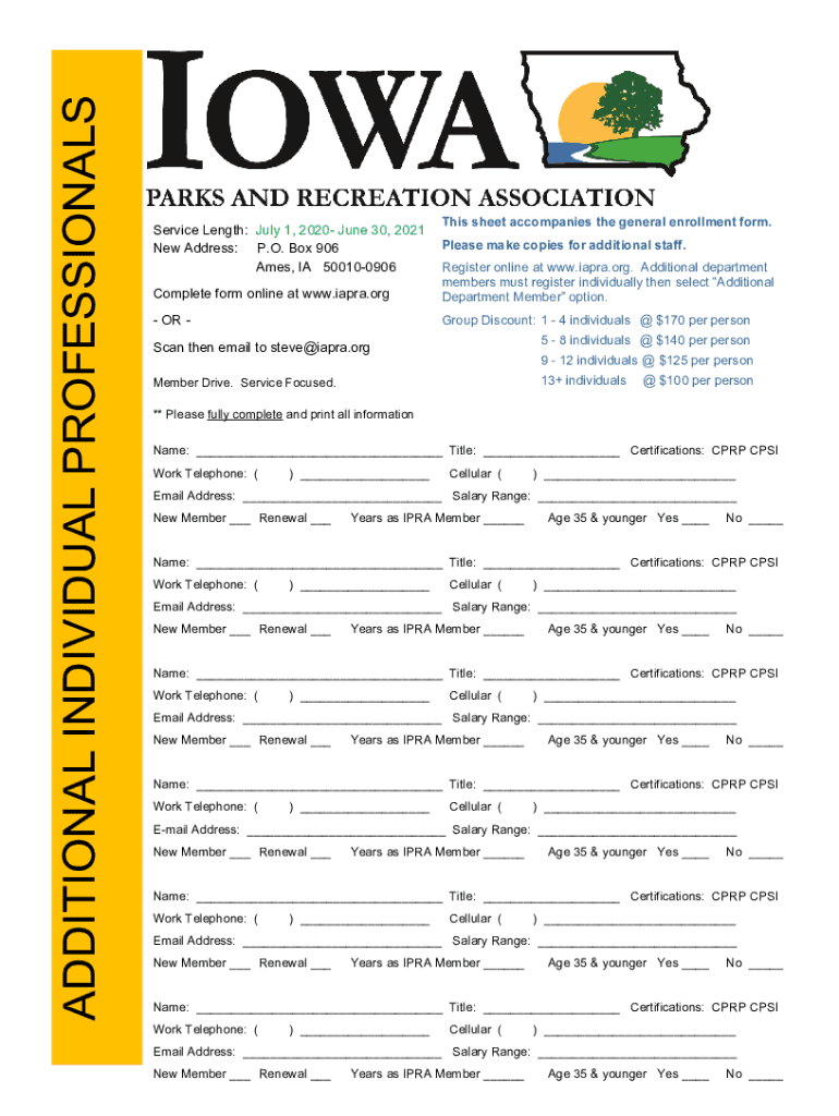 Fillable Online ENROLLMENT Iowa Parks and Recreation Association Fax