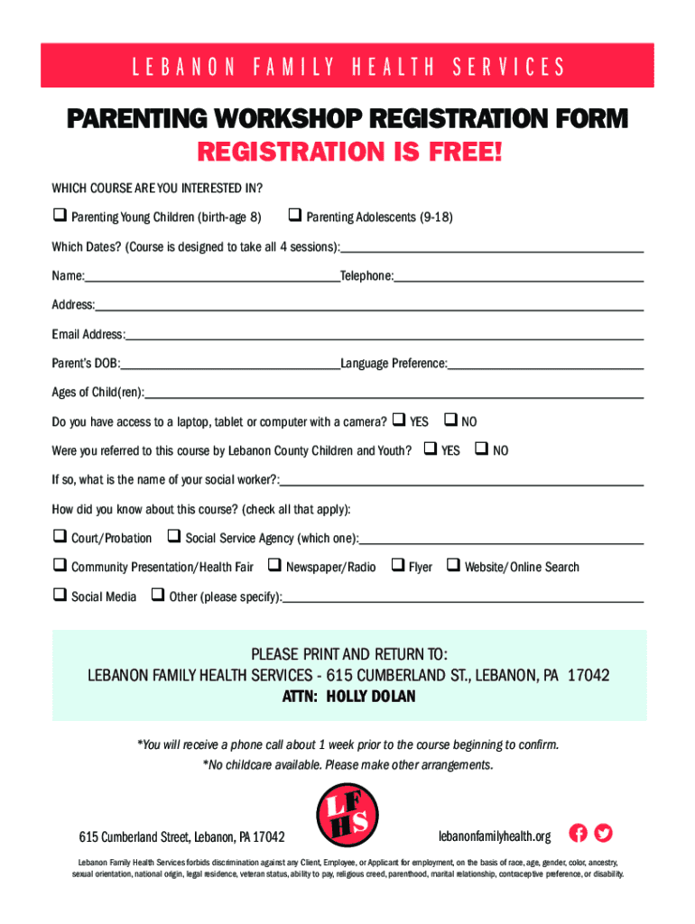 PA Lebanon Family Health Services Parenting Workshop Registration Form Preview on Page 1