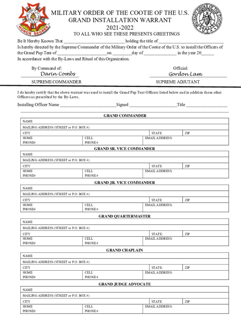 Fillable Online MILITARY ORDER OF THE COOTIE OF THE U.S. GRAND