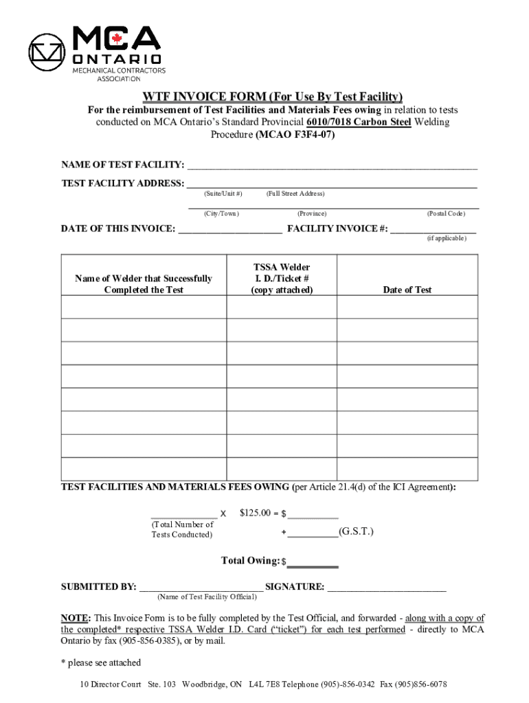 Fillable Online WTF INVOICE FORM (For Use By Test Facility) For the ...