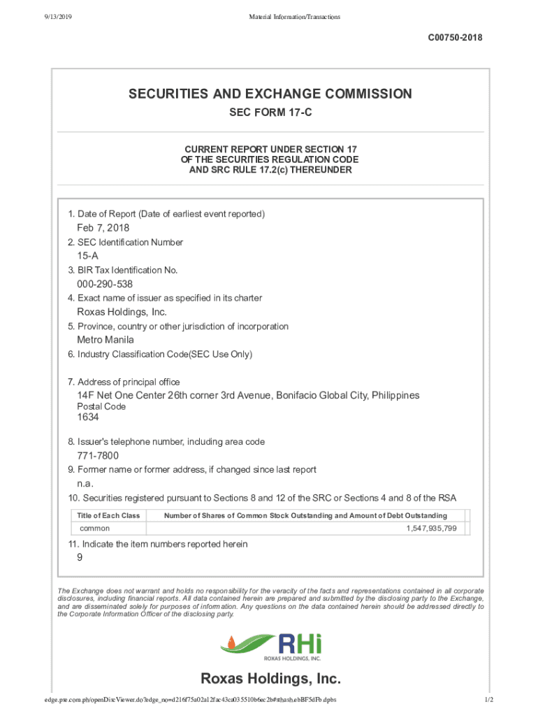 Fillable Online RHI Roxas Holdings, Inc. Fax Email Print pdfFiller