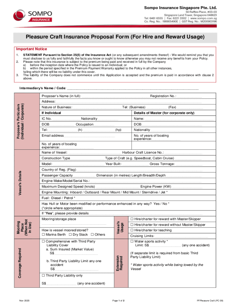 Pleasure Craft Insurance Proposal Form For Hire And - Fill Preview on Page 1