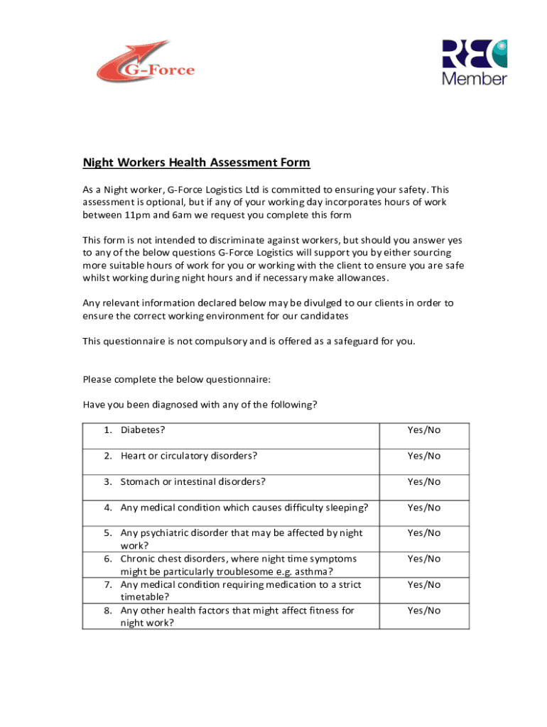 Night Workers Health Assessment Form Preview on Page 1