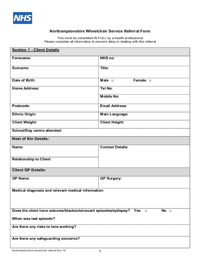 Fillable Online 1 Northamptonshire Wheelchair Service Referral Form