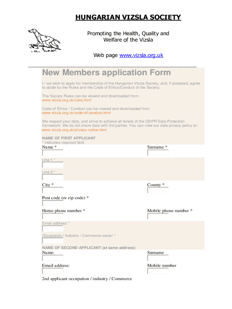 Fillable Online Hungarian Vizsla Society HomeMembership Hungarian