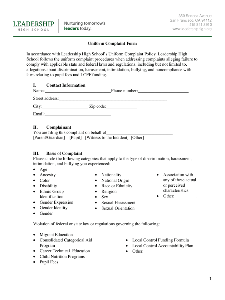 Fillable Online Leadership High School 350 Seneca Ave San Francisco, CA