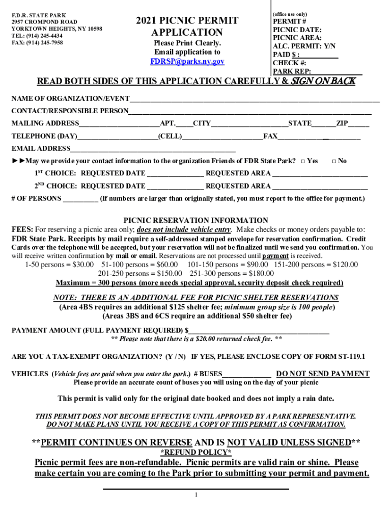 Fillable Online parks ny 2021 FDR Picnic Application. 2021 FDR Picnic