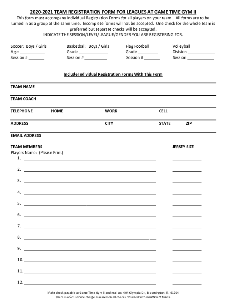Fillable Online 20202021 TEAM REGISTRATION FORM FOR LEAGUES AT GAME