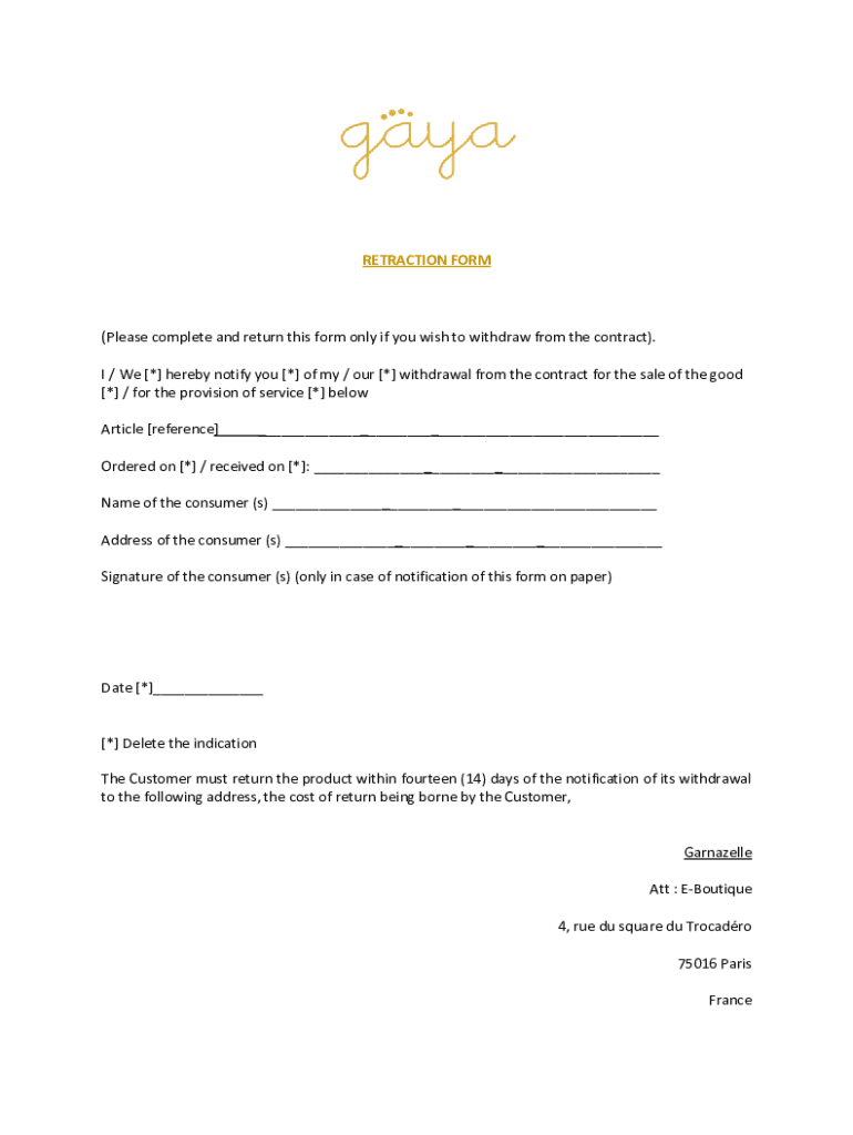 Fillable Online RETRACTION FORM Fax Email Print pdfFiller