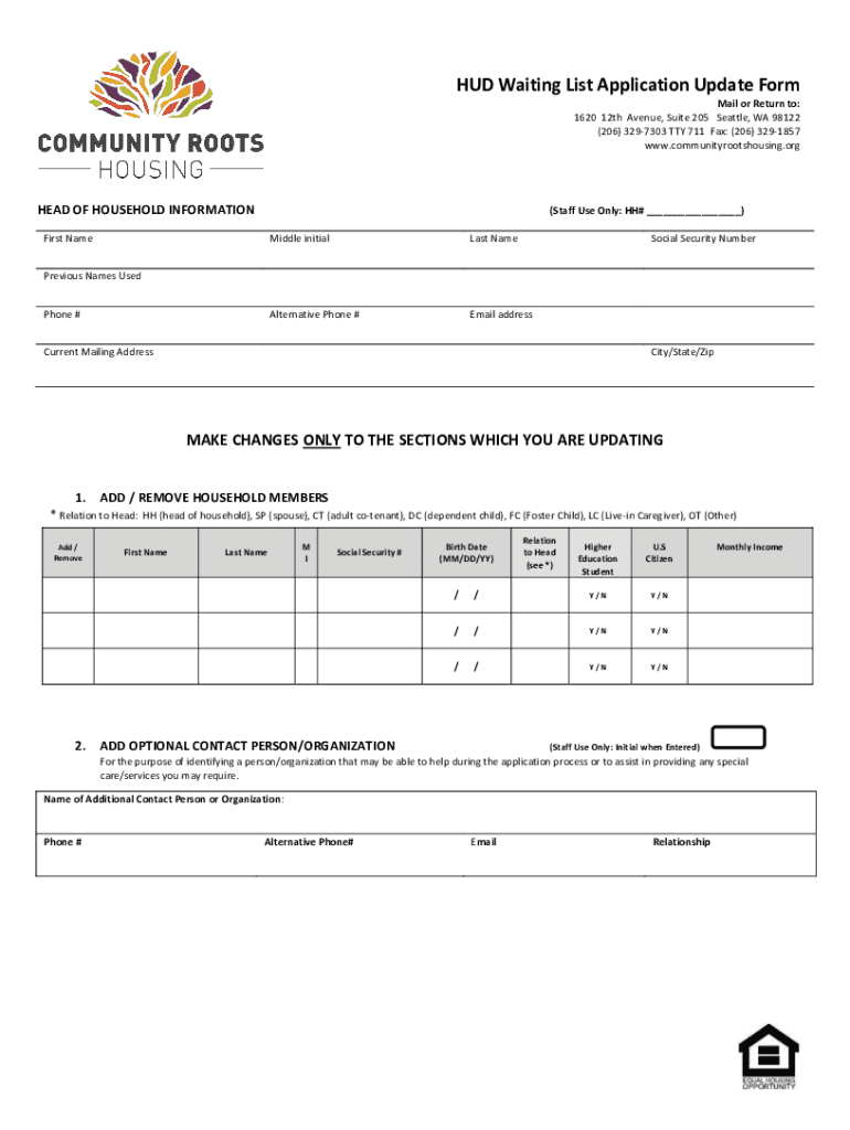 Fillable Online HUD Waiting List Application Update Form Fax Email