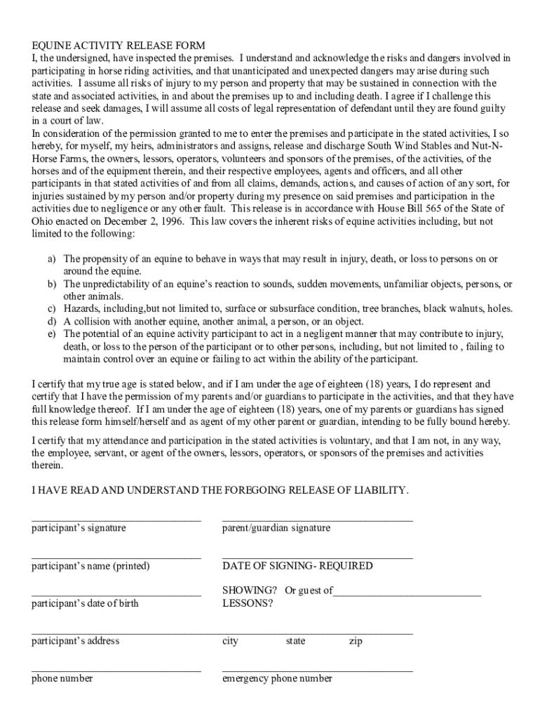 Equine Activity Release and Hold Harmless Agreement 1 I Horse Template PrintableEquine Liability Rel Preview on Page 1