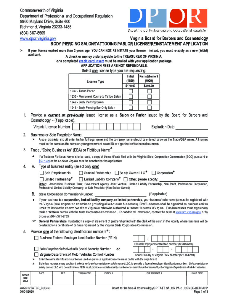 Fillable Online A45012TATBPBUS BP SALON & TATTOO PARLOR (BUSINESS) LICENSE/REINSTATEMENT