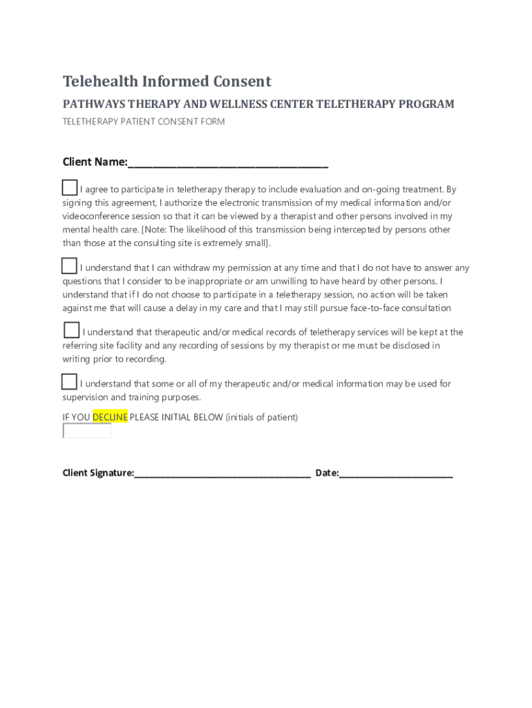 TELETHERAPY PATIENT CONSENT FORM Preview on Page 1