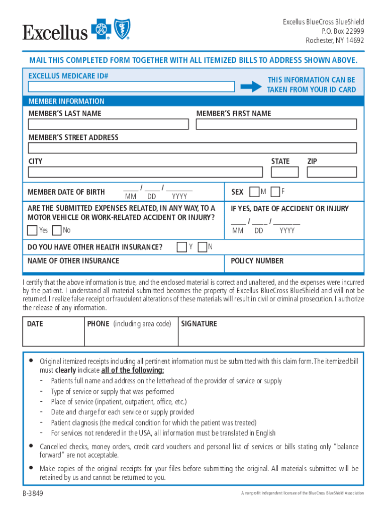 Fillable Online Fillable Online Medical Claim Form Excellus BlueCross