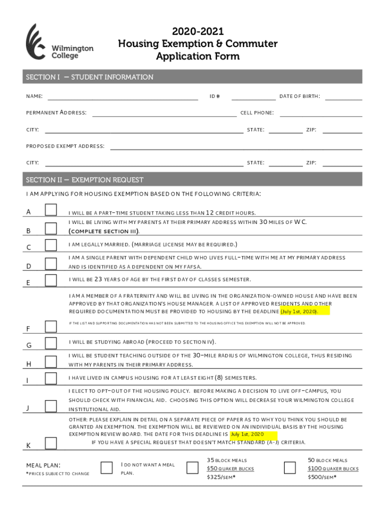 Fillable Online Housing Exemption & Commuter Fax Email Print pdfFiller