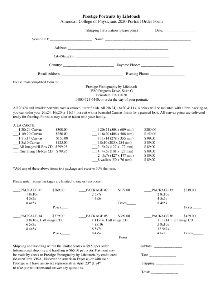 Fillable Online Prestige Portraits by Lifetouch order form American