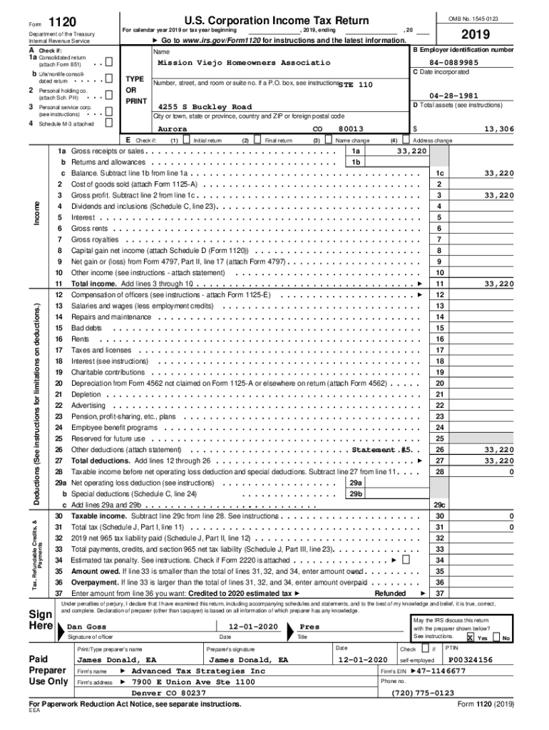 Fillable Online 1120 U.S. Corporation Income Tax Return Form 2019 Fax ...
