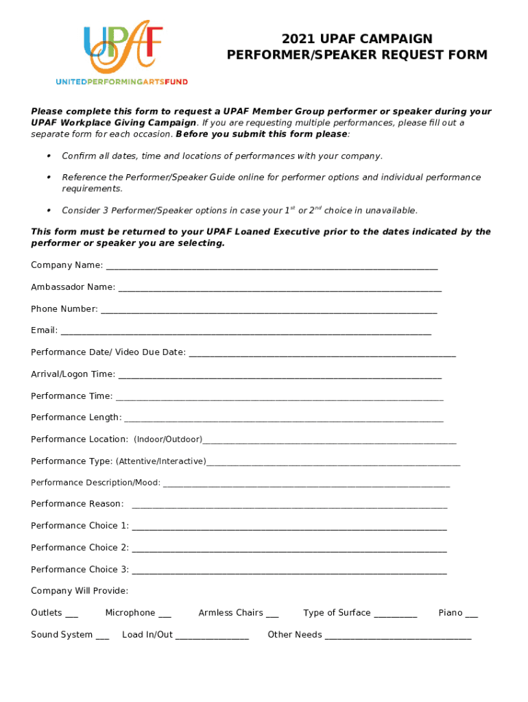 UPAF Perance/Speaker REQUEST Doc Template | pdfFiller