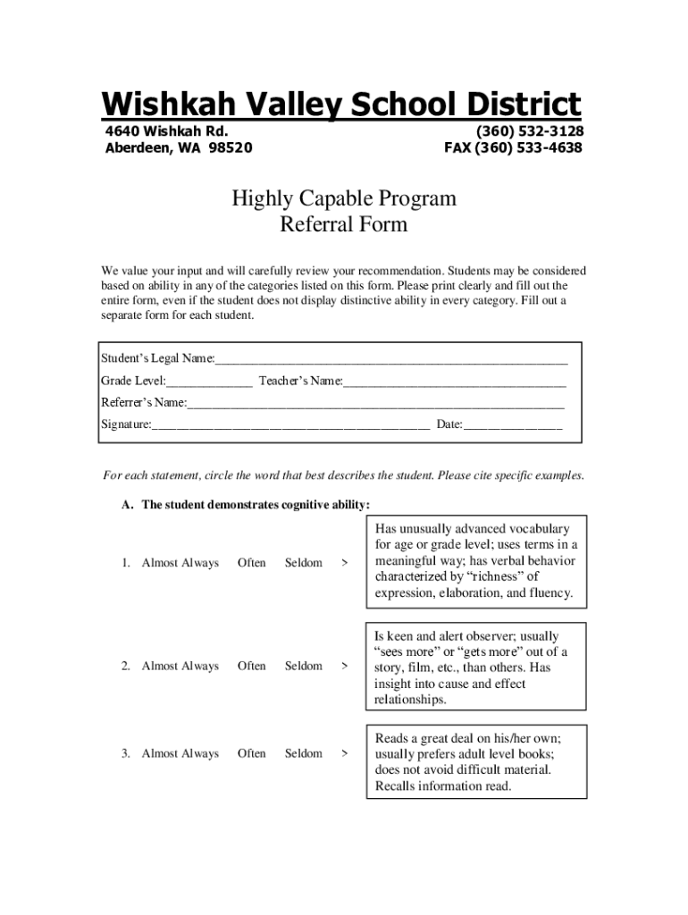 Fillable Online Wishkah Valley Elementary/High School in Aberdeen WA