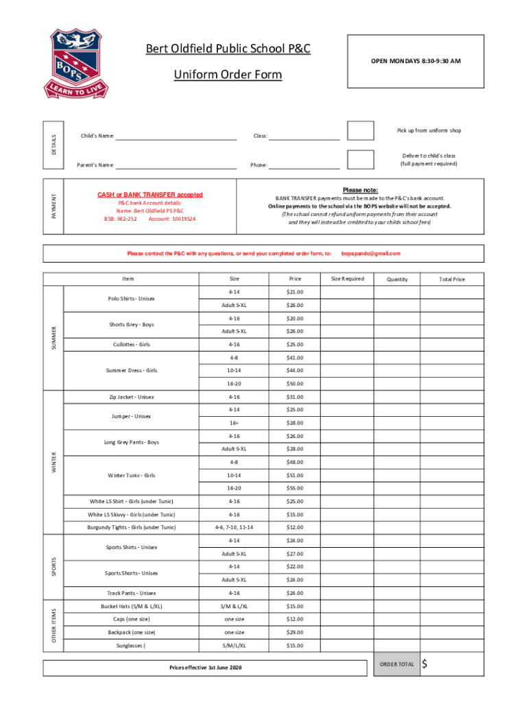 Fillable Online Bert Oldfield Public School P&C Uniform Order Form Fax ...