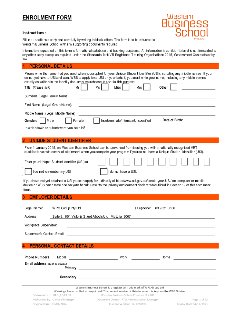 Fillable Online Private RTO Enrolment Form (Word) - wbs.org.au Fax ...