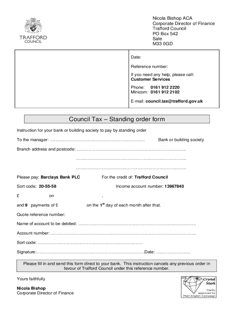 Fillable Online Council Tax Standing order form beta.trafford.gov.uk