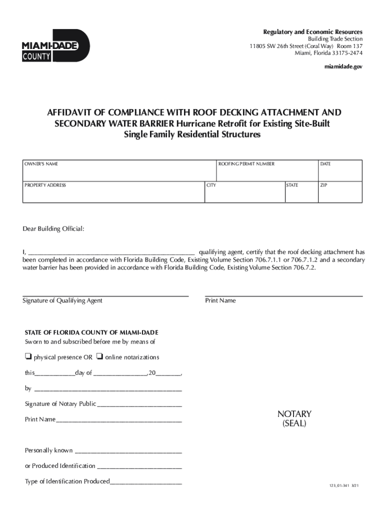 AFFIDAVIT OF COMPLIANCE WITH ROOF - Miami-Dade County Preview on Page 1