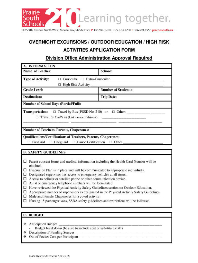 Fillable Online Administrative Procedure 250 Overnight Excursion High ...