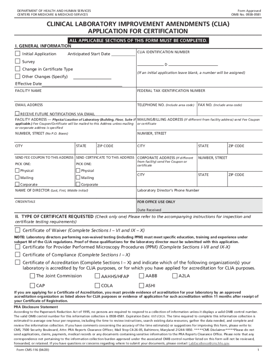 Cms-116 Clia Application - Illinois - Formalu